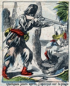 Illustration pour le livre de Daniel Defoe "Robinson Crusoé". Imagerie d