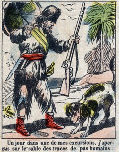 Illustration pour le livre de Daniel Defoe "Robinson Crusoé". Imagerie d