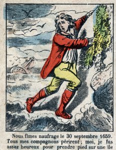 Illustration pour le livre de Daniel Defoe « Robinson Crusoé ». Imagerie d