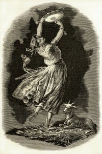 Illustration pour "Notre-Dame de Paris" de Victor Hugo: Esmeralda danse en jouant du tambourin à côté de sa chèvre, début du XXe siècle (lithographie) - French School