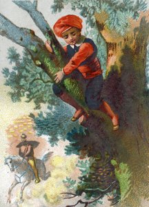 Illustration pour les Contes des Mille et Une Nuits. Ali-Baba voyant une troupe de voleurs venir de loin dans la forêt se cache dans un arbre. Chromolithographie vers 1890 - French School