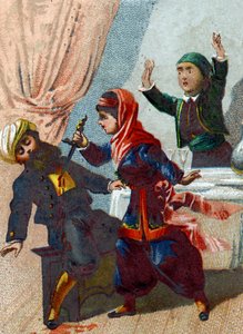 Illustration pour les Contes des Mille et Une Nuits. Le capitaine se déguise à nouveau et retourne chez Ali Baba, mais Morgiane le reconnaît et le poignarde pendant une danse. Chromolithographie vers 1890 - French School