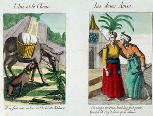 Illustration pour les fables de Jean de la Fontaine (1621-1695) : à gauche « L