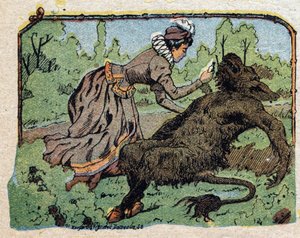 Illustration pour le conte "La Belle et la Bête" : la Belle ranime la Bête évanouie de douleur lorsqu