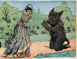 Illustration pour le conte « La Belle et la Bête » : la Bête demande à la Belle qui est soudain effrayée. Gravure de l