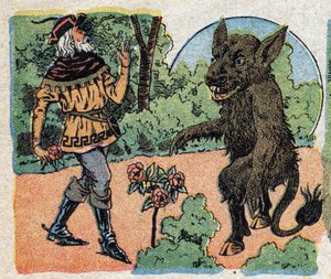 Illustration pour le conte "La Belle et la Bête" : le marchand coupe une rose dans le jardin de la Bête pour l