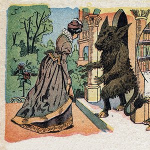 Illustration pour le conte "La Belle et la Bête" : la belle arrive au château de la Bête. Gravure de l