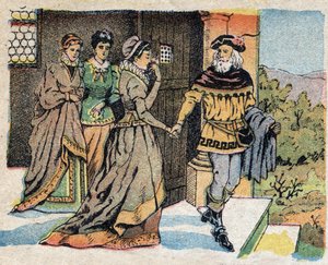 Illustration pour le conte "La Belle et la Bête" : le marchand partant en voyage dit adieu à ses trois filles et leur promet un cadeau à son retour. Gravure de l