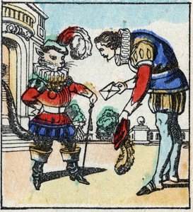 Illustration du conte de Charles Perrault « Le Chat Botté ». Gravure sur bois de l