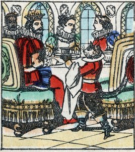 Illustration du conte de Charles Perrault « Le Chat Botté ». Gravure sur bois d
