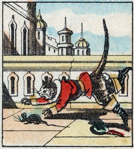 Illustration du conte de Charles Perrault « Le Chat Botté ». Gravure sur bois de l