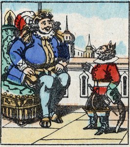 Illustration du conte de Charles Perrault « Le Chat Botté ». Gravure sur bois d