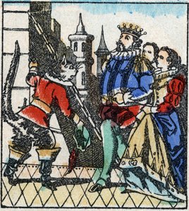Illustration du conte de Charles Perrault « Le Chat Botté ». Gravure sur bois de l