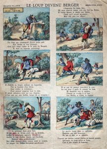 Illustration de la fable de Jean de La Fontaine (1621-1695) : le loup devenu berger. Imagerie d