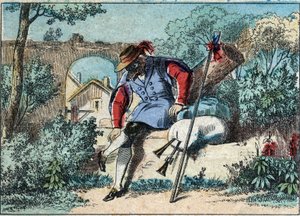 Illustration de la fable de Jean de La Fontaine (1621-1695) : le loup devenu berger. Imagerie d