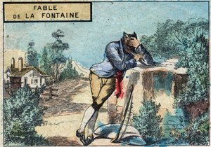 Illustration de la fable de Jean de La Fontaine (1621-1695) : le loup devenu berger. Imagerie d