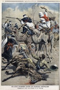 Dans le Sahara anglais : combat entre les troupes françaises et les Touaregs, illustration du journal « Le Petit Journal » du 17 mars - French School