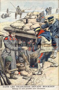 Dans les tranchées devant Moukden, Guerre russo-japonaise. Troupes japonaises et russes échangeant nourriture et boisson. Illustration pour Le Petit Journal, 22 janvier 1905 - French School