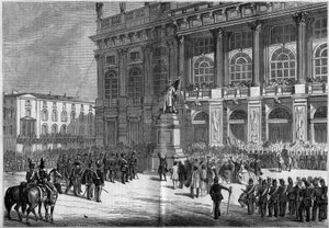 Inauguration du monument sarde par Vincenzo Vela (1820-1891), sur la place du Château à Turin (Italie) le 10 avril 1859. Derrière la statue se trouve le « Palazzo Madama ». Basé sur les croquis de M. Ferry. Gravure dans « Le Monde Illustré » n°106 du 23 av - French School