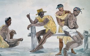 Habitants de Tahiti, Îles de la Société, aquarelle de Jules-Louis Lejeune, basée sur le Voyage autour du monde - French School
