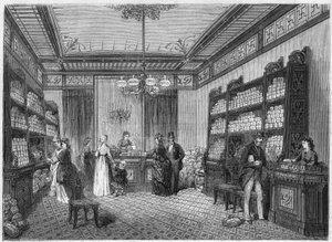 Vue intérieure du café "Compagnie du Moka-Zanzibar", situé à Paris au 47, rue Vivienne. Gravure dans "Le Monde Illustré" n°808 du 5 octobre