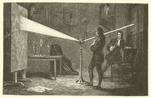 Isaac Newton décompose la lumière (gravure) - French School