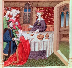 Isolde suppliant la reine Guenièvre pour sa protection, Roman du Chevalier Tristan - French School