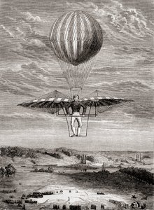Ornithoptère de Jacob Degen de 1808 avec des clapets, dans lequel le pilote se tenait sur un cadre rigide et actionnait les ailes avec une barre horizontale mobile, de 