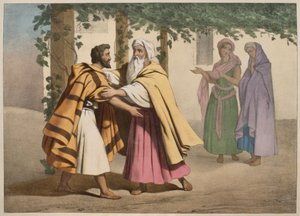Jacob avec Laban et ses filles, illustration du catéchisme L