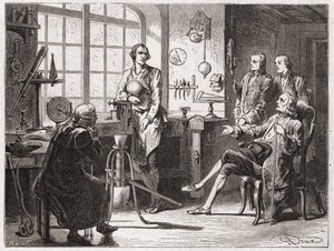 James Watt (inventeur de la machine à vapeur en 1769) dans son atelier de Glasgow - dans « Album de la Science; savants illustres; Grandes découvertes » 1896. - French School
