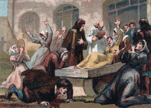 Jansénisme : les convulsionnaires du cimetière Saint-Médard sous Louis XV. Chromolithographie vers 1890 - French School