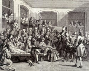 Jansénisme : les convulsionnaires du cimetière Saint-Médard sur la tombe du diacre Paris (1690-1727) où des « miracles » se sont produits. Gravure du 18ème siècle - French School