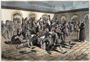 Convulsionnaire janséniste (ou Saint Médard) (Œuvres de convulsions) au XVIIIe siècle : "les malades et les infirmes se rendent au cimetière de Saint-Médard (où se trouve la tombe du diacre François Paris) pour être miraculeusement guéris" (Pratiques convu