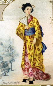 Femme japonaise. Édition la lithographie parisienne, fin du 19e siècle. Série de 25 chromos publicitaires pour la manufacture de Biscuits Pernot de Dijon, créée en 1869. Détail des personnages en costume traditionnel - French School
