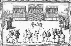 Le coup de Jarnac : Duel de Guy Chabot de Jarnac et François de Vivonne de la Châtaigneraie devant la cour à Saint-Germain-en-Laye - French School