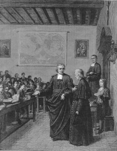 Jean Baptiste De La Salle (Jean-Baptiste) 1651-1719 religieux français, fondateur de la congrégation des frères des Écoles chrétiennes, montrant une de ses écoles à M. de La Chétardie. Gravure de la fin du XIXe siècle. - French School