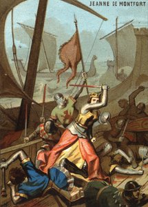 Jeanne de Montfort et La Bretagne (1342) : Jeanne de Montfort soutient une bataille navale près de Guernesey. Chromolithographie de la série "Éducation patriotique par l