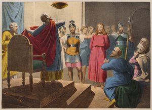 Jésus-Christ devant Caïphe, illustration du catéchisme L