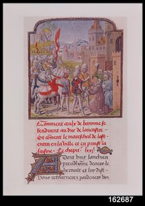 Jean de Gand reçu par les citoyens de Bayonne aux portes de la ville, extrait de la Chronique de Froissart, fin du XVe siècle - French School