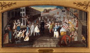 Farces des rues de Paris : La rue Saint-Antoine. - Les farces des rues de Paris : la rue du faubourg Saint Antoine à Paris. Passants, adultes et enfants, s