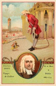 Jonathan Swift, auteur irlandais, et une scène de son roman Les Voyages de Gulliver - French School