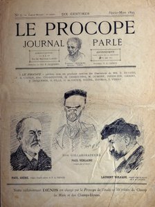 Journal du Procope, café parisien, février 1895 : portraits des poètes français Paul Verlaine, Paul Arène et Laurent Tailhade