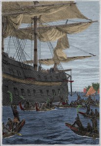 Voyage de Samuel Wallis (1728-1795) en Polynésie : indigènes tenant des branches de bananier à la main en guise de salut de bienvenue - illustration tirée de « Les grands marins du 18ème siècle »