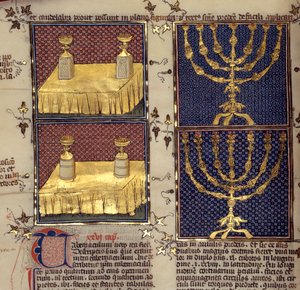 Judaïsme : « tables de proposition et chandeliers utilisés dans les rites hébraïques » Miniature tirée de « Commentaires de la Bible » par Nicholas de la Lyra (13ème siècle)