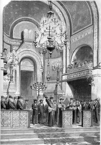 Judaïsme : réception solennelle du grand Rabbin de Paris, Zadoc Kahn, dans la synagogue de la rue Notre Dame de Nazareth, le 13 janvier 1869. Le grand Rabbin entonne la "Prière pour l