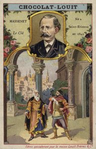 Jules Massenet, compositeur français, et une scène de son opéra Le Cid (chromolitho) - French School