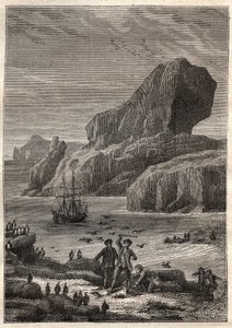 Îles Kerguelen. Illustration pour Les Grands Navigateurs du XVIIIe siècle par Jules Verne - James Cook aux Îles Kerguelen en 1776 (archipel des Kerguelen ou Îles de la Désolation) - dans « Les Voyageurs du XVIIIe et XIXe siècle - illustration - French School