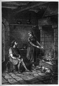 Le roi Alfred le Grand (849-899) oublie les gâteaux préparés par la maison danoise sous son toit à Athelney, et les brûle, 878 (gravure) - French School