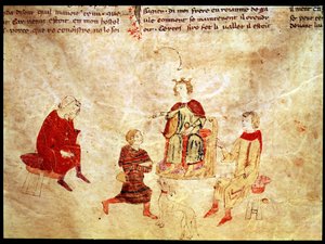 Le roi Arthur sur son trône entouré de ses conseillers, du Roman de Meliadus - French School