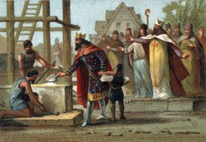 Le roi Dagobert Ier (600-639) supervisant la construction de la cathédrale Saint-Denis. - French School